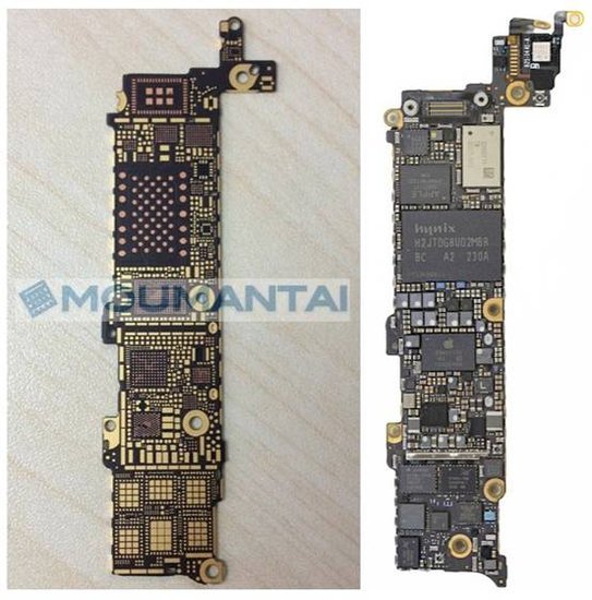 iphone 5s主板(左)与iphone 5主板(右)的对比图