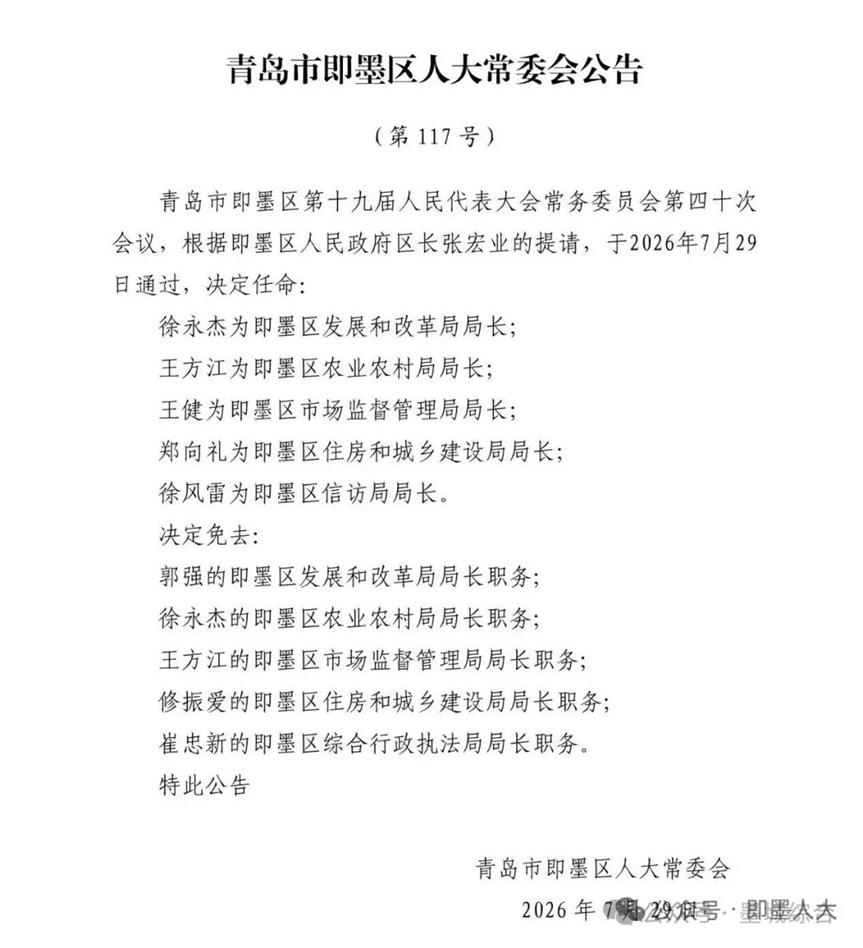 即墨区最新任命五位局长！