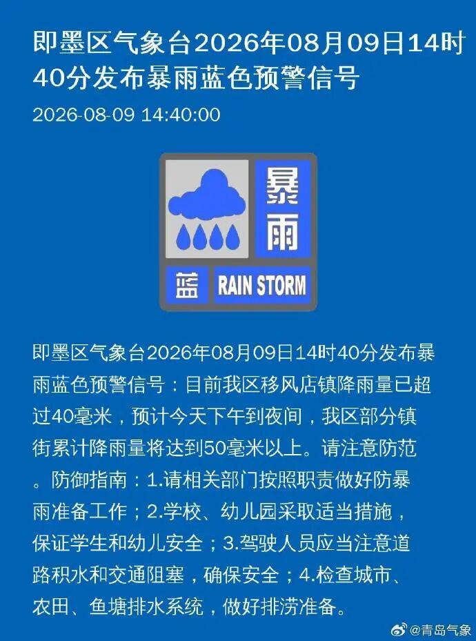注意防范！青岛四区发布暴雨蓝色预警→
